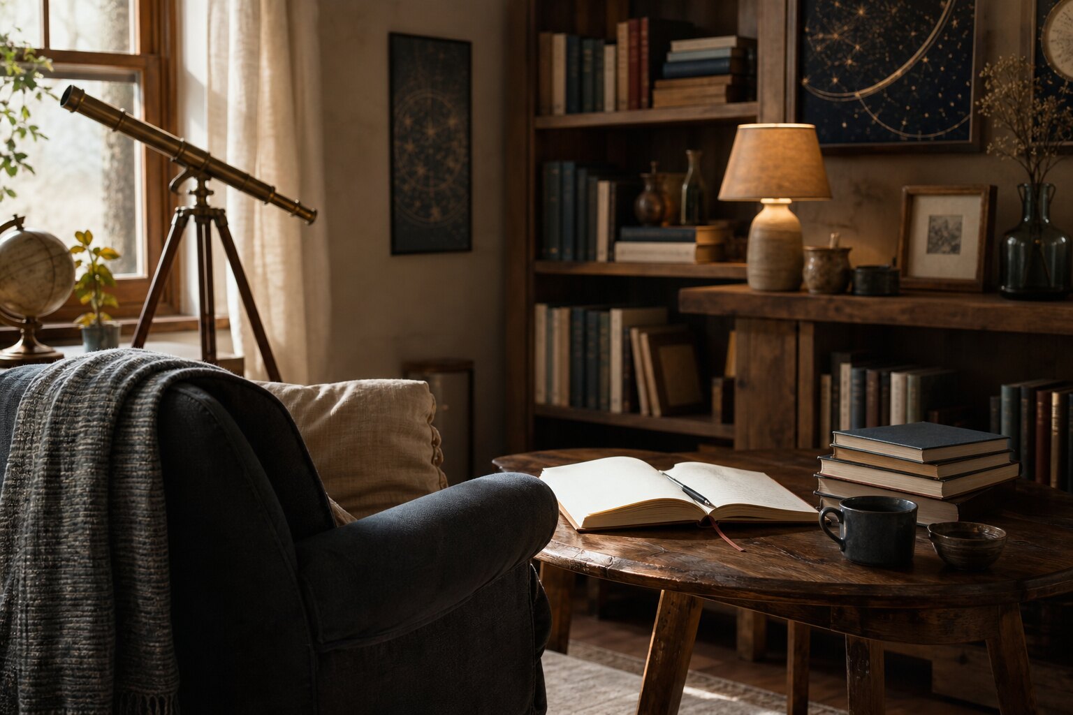 A warm reading space with books, a notebook, and a telescope